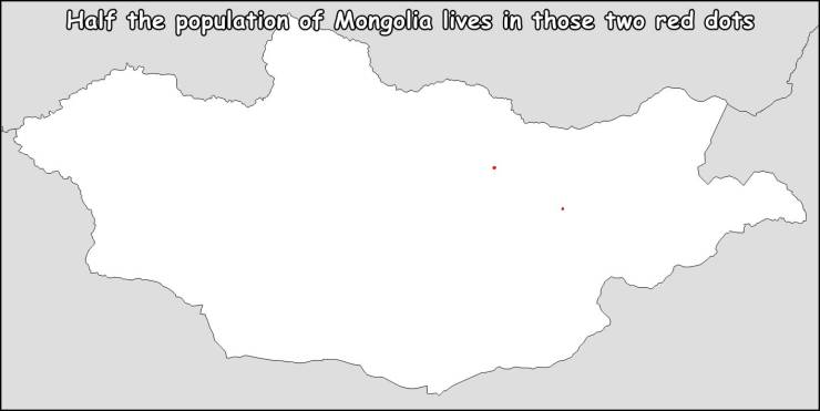 fun random pics - map - Half the population of Mongolia lives in those two red dots