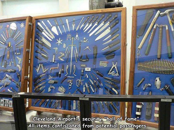 fun random pics - cleveland airport confiscated items hall of fame - . H We kapel Cleveland Airport's security "hall of fame". All items confiscated from potential passengers