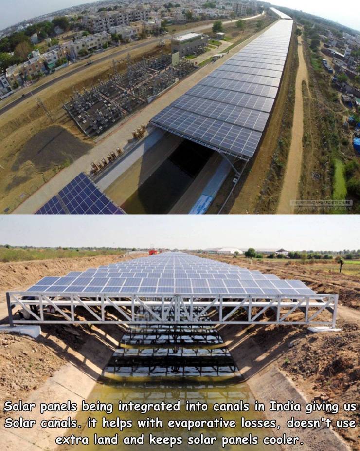 fun random pics - vadodara canal solar project - Par Shimachitecture Stici tur Solar panels being integrated into canals in India giving us Solar canals. it helps with evaporative losses, doesn't use extra land and keeps solar panels cooler.