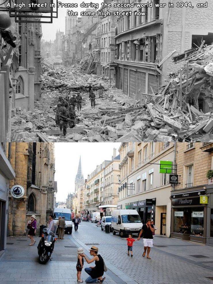 dday then and now - A high street in France during the second world war in 1944, and the same high street now Santo Burs Prieco