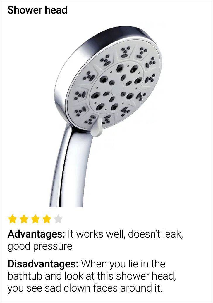 Shower head Advantages It works well, doesn't leak, good pressure Disadvantages When you lie in the bathtub and look at this shower head, you see sad clown faces around it.