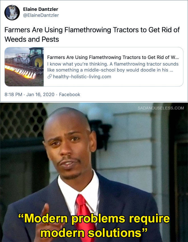modern problems require modern solutions - Elaine Dantzler Dantzler Farmers Are Using Flamethrowing Tractors to Get Rid of Weeds and Pests Farmers Are Using Flamethrowing Tractors to Get Rid of W... I know what you're thinking. A flamethrowing tractor sou