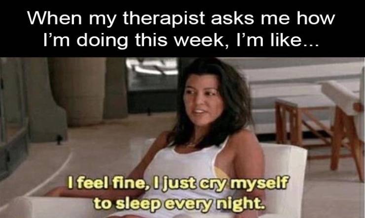 funny memes and pics - kardashians mood - When my therapist asks me how I'm doing this week, I'm ... I feel fine, I just cry myself to sleep every night.