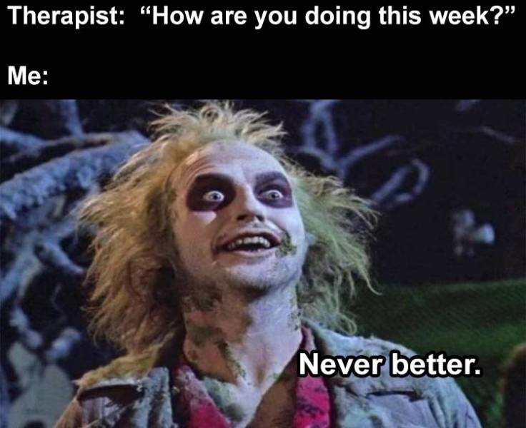 funny memes and pics - beetlejuice streaming - Therapist "How are you doing this week?" Me Never better.