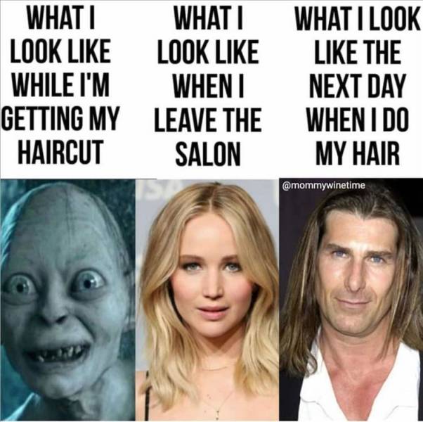 funny memes and pics - before and after hair salon funny - What I What I Look Look While I'M Whent Getting My Leave The Haircut Salon What I Look The Next Day When I Do My Hair