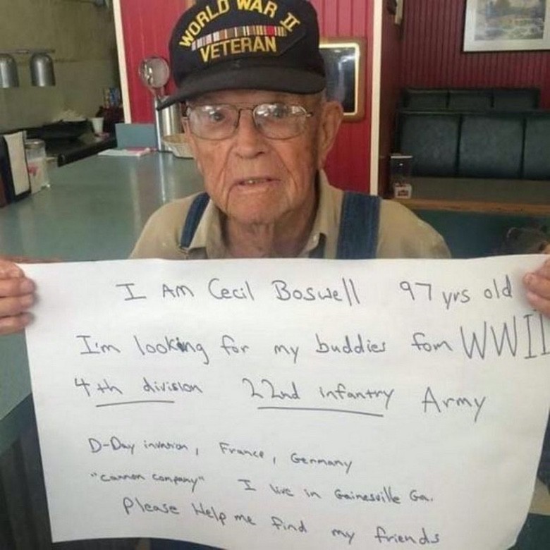 photo caption - Ar World Ii Veteran I Am Cecil Boswell 97 yrs yrs old I'm looking for 4th division buddies from Wwii 22nd Infantry Army DDay invasion, France, Germany canon company I we in Gainesville Ga. please help me find my friends