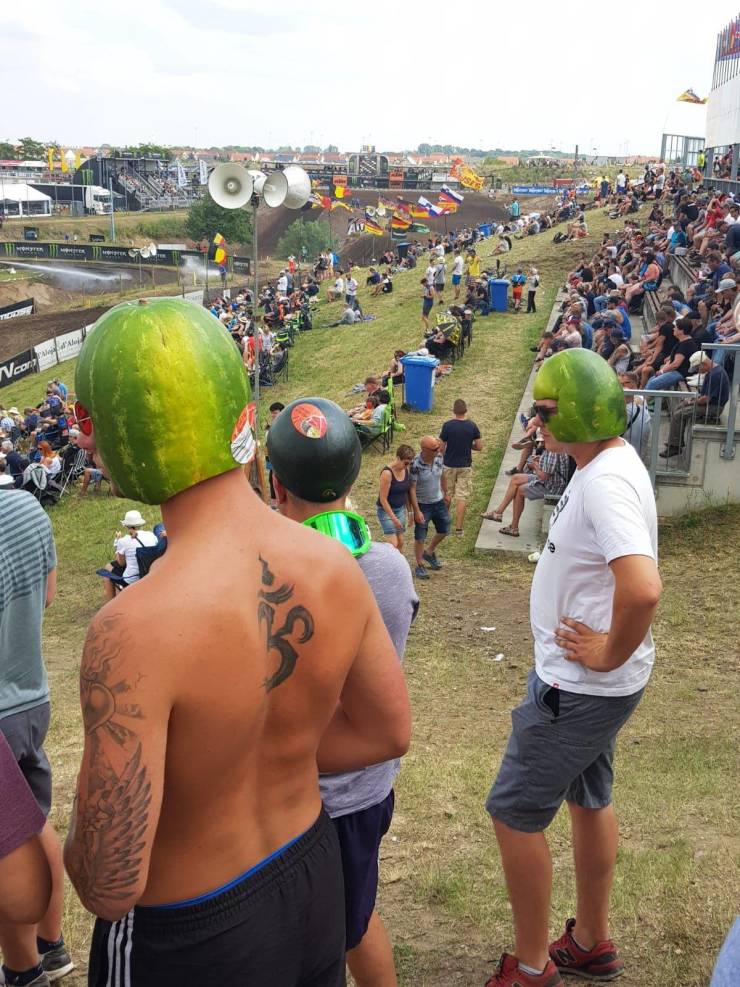 cool pics - men wearing watermelons as helmets