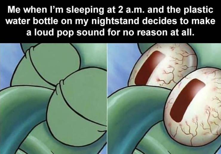 505 arctic monkeys meme - Me when I'm sleeping at 2 a.m. and the plastic water bottle on my nightstand decides to make a loud pop sound for no reason at all.