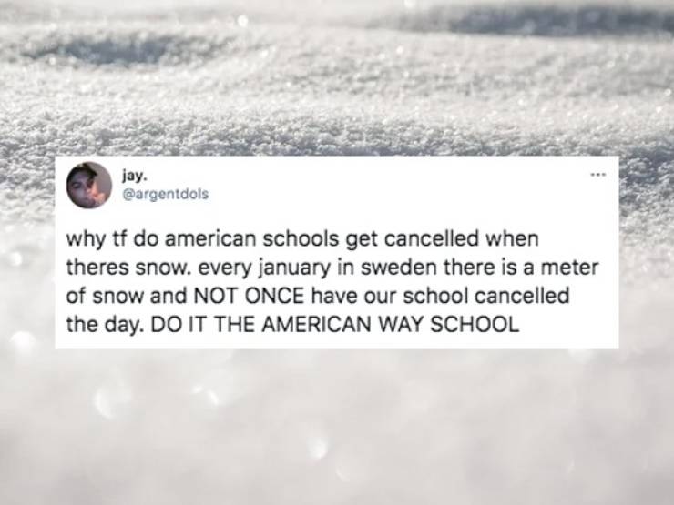 water - jay. why tf do american schools get cancelled when theres snow. every january in sweden there is a meter of snow and Not Once have our school cancelled the day. Do It The American Way School