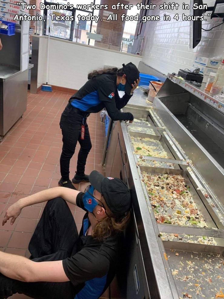 Domino's Pizza - 5 XLarge XLarge Two Domino's workers after their shift in San Antonio, Texas today. All food gone in 4 hours. Tur