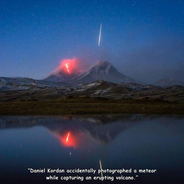 nature - "Daniel Kordan accidentally photographed a meteor while capturing an erupting volcano."