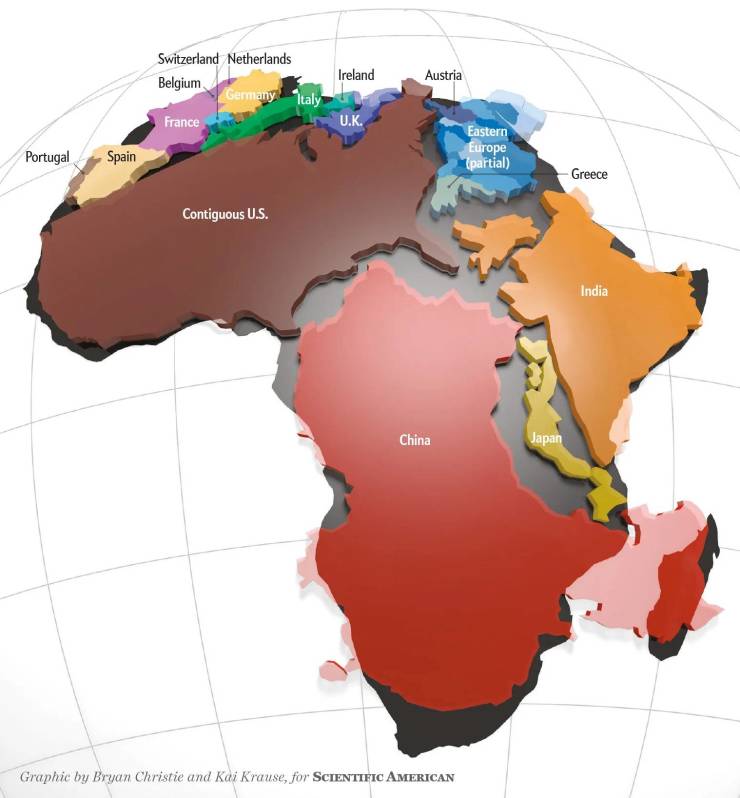africa real size - Switzerland Netherlands Belgium Ireland Austria Germany Italy France U.K. Portugal Spain Eastern Europe partial Greece Contiguous U.S. India China Japan Graphic by Bryan Christie and Kai Krause, for Scientific American