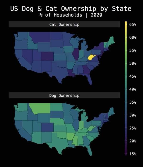 map - Us Dog & Cat Ownership by State % of Households | 2020 Cat Ownership 65% 60% 55% 50% 45% 40% Dog Ownership 35% 30% 25% 20% 15%