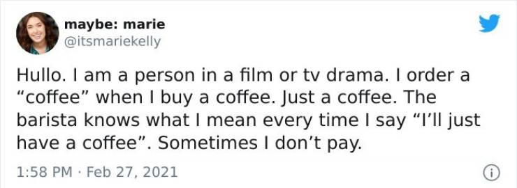 genghis khan cancelled tweet - maybe marie Hullo. I am a person in a film or tv drama. I order a "coffee" when I buy a coffee. Just a coffee. The barista knows what I mean every time I say I'll just have a coffee". Sometimes I don't pay. .