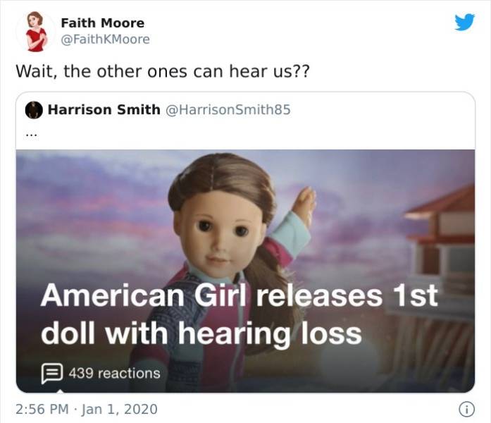american doll releases doll with hearing loss - Faith Moore Wait, the other ones can hear us?? Harrison Smith American Girl releases 1st doll with hearing loss 9 439 reactions