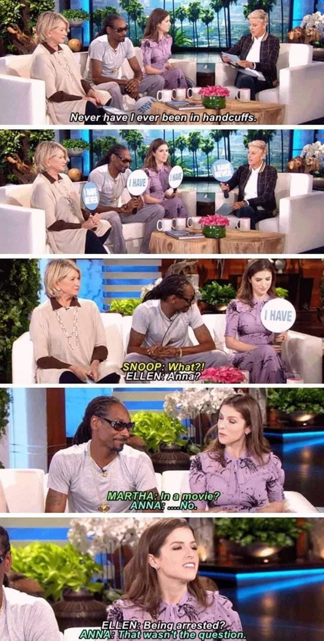 anna kendrick snoop dogg ellen - Never have I ever been in handcuffs. Us Have I Have Snoop What?! Ellen Anna? Martha In a movie? Anna.No. Ellen Being arrested? Annas That wasn't the question.
