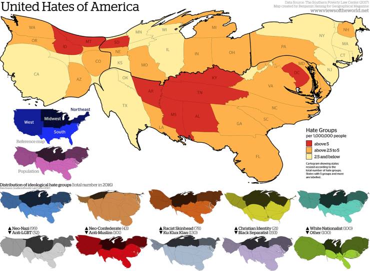 racism map - United Hates of America Bata See The South Ponta Center 2017 Map created by Bengtsphic wwwviewsoftheworld.net Wa Mi w Nh Mn Ny Or Ma Pa Ne In Oh Ct Co Ks Mo Md Ca Ok Va Tx Northeast Nc Ms Al Midwest West Ga South Reference map Hate Groups per