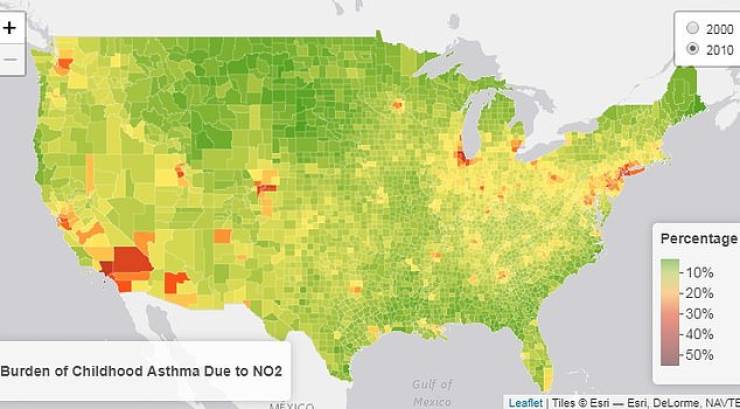 asthma and pollution map - 2000 2010 Percentage 10% 20% 30% 40% 50% Burden of Childhood Asthma Due to NO2 Gulf of Mexico Meyici Leaflet Tiles Esri Esti, DeLorme, Navte