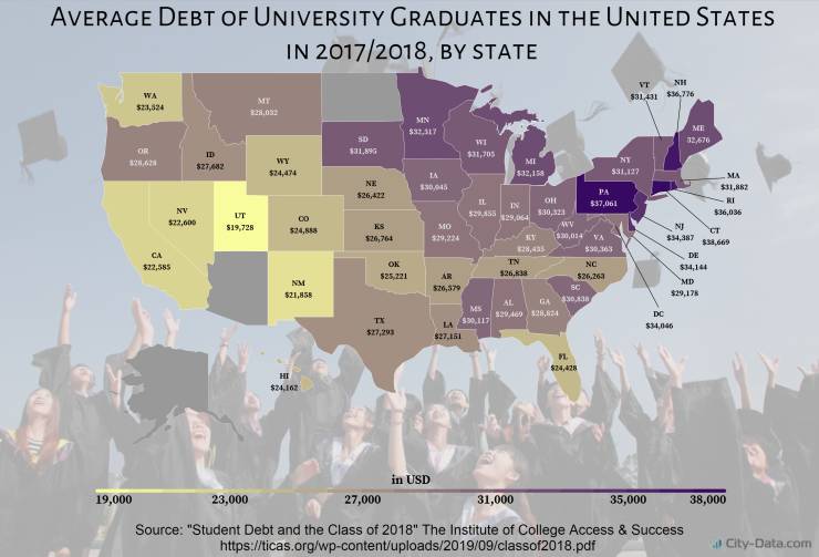 map - Average Debt Of University Graduates In The United States In 20172018, By State Wa $23,824 Vt Nh SL432 $36,736 My Mn $33,317 Me 12,670 Or 31,19 Wy $27,082 Ne $26,422 Ny 522,000 Ut $19,728 00 $24,888 Es $26,761 Mi Ny $81,127 320,016 Pa Ohi In $37,061