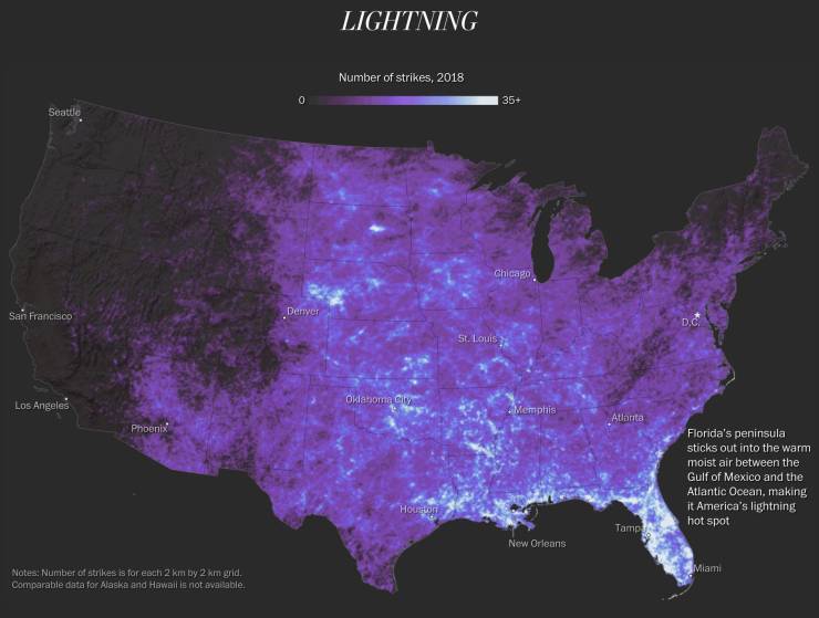 mineral - Lightning Number of strikes, 2018 0 35 Seattle Chicago San Francisco Denver D.Co St. Louis Oklahoma City Los Angeles Memphis Atlanta Phoenix Florida's peninsula sticks out into the warm moist air between the Gulf of Mexico and the Atlantic Ocean