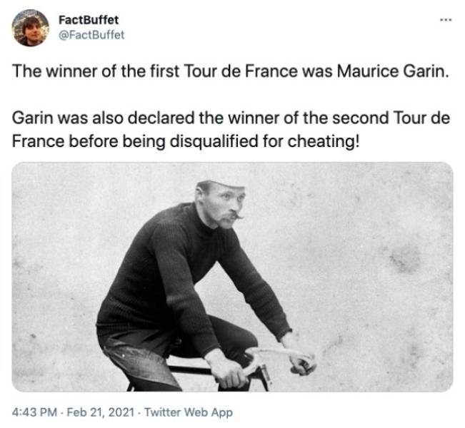 maurice garin - . FactBuffet The winner of the first Tour de France was Maurice Garin. Garin was also declared the winner of the second Tour de France before being disqualified for cheating! . Twitter Web App