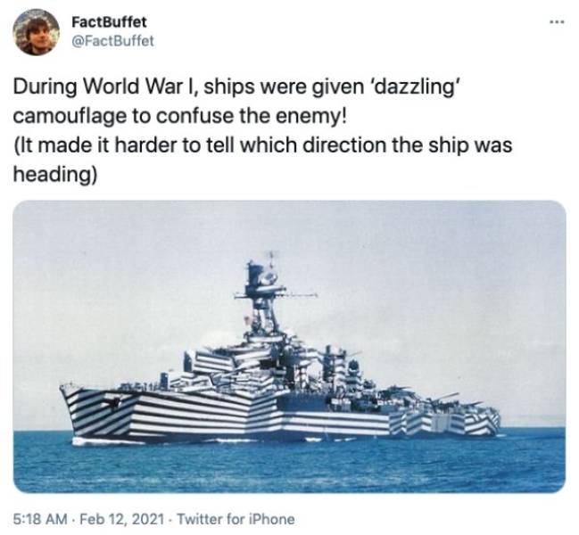 naval camouflage - FactBuffet During World War I, ships were given 'dazzling' camouflage to confuse the enemy! It made it harder to tell which direction the ship was heading Ms . . Twitter for iPhone