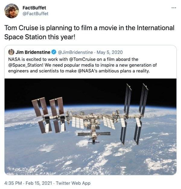 tom cruise space movie nasa - FactBuffet Tom Cruise is planning to film a movie in the International Space Station this year! Jim Bridenstine . Nasa is excited to work with on a film aboard the ! We need popular media to inspire a new generation of engine