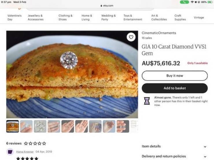 recipe - Wed 3 Feb etsy.com Valentine's Day Jewellery & Accessories Clothing & Shoes Home & Living Wedding & Party Toys Entertainment Art & Collectibles Craft Supplies Vintage Cinematic Ornaments 16 sales Gia 10 Carat Diamond VVS1 Gem Au$75,616.32 Only 1 