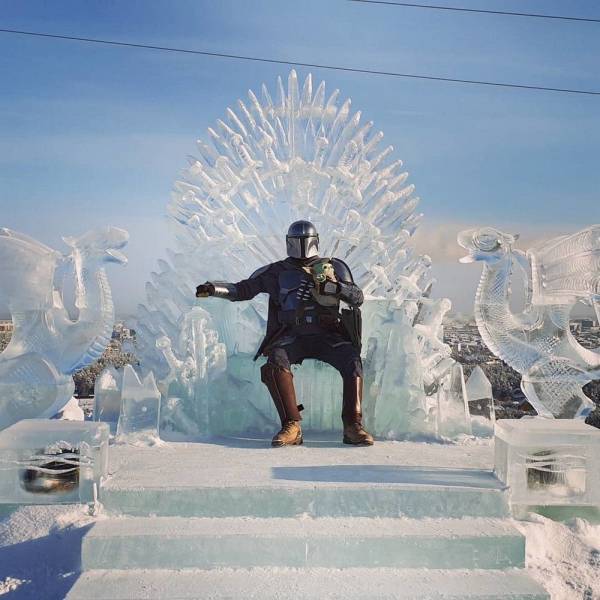 viral pics - the Mandalorian sitting on an ice iron throne