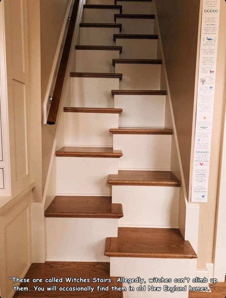 viral pics - alternating stairs - "These are called Witches Stairs. Allegedly, witches can't climb up W them. You will occasionally find them in old New England homes.