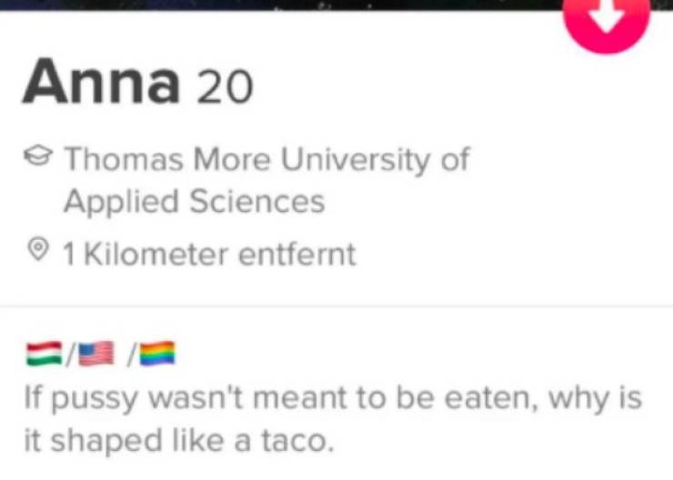hospital - Anna 20 Thomas More University of Applied Sciences 1 Kilometer entfernt If pussy wasn't meant to be eaten, why is it shaped a taco.