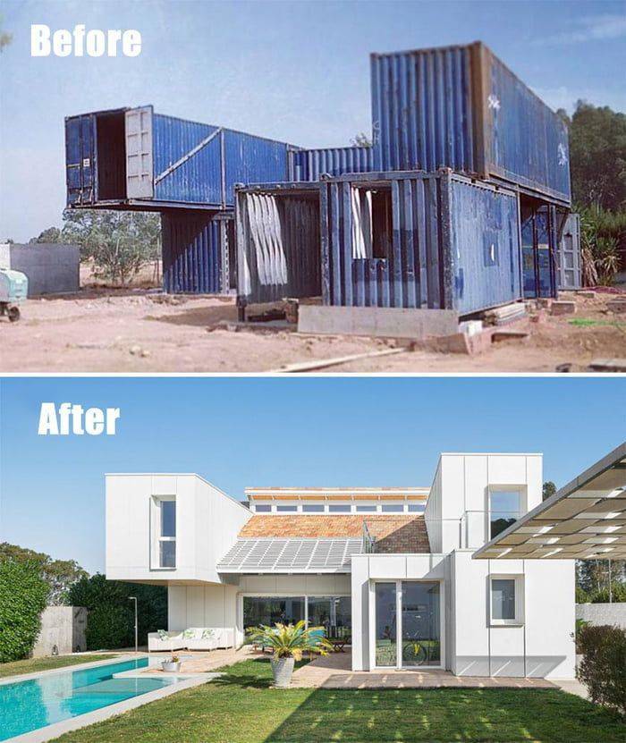 house made with containers - Before After