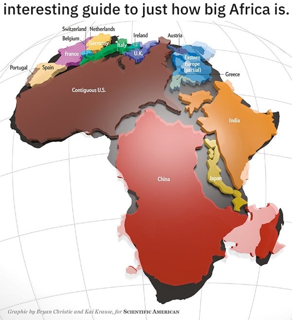 fabric map of africa - interesting guide to just how big Africa is. Switzerland Netherlands Belgium Ireland Austria Germany Italy France U.K. Eastern Europe partial Portugal Spain Greece Contiguous U.S. India China Japan Graphic by Bryan Christie and Kai 