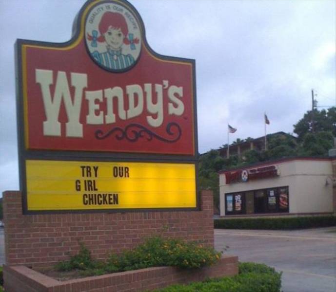 restaurant sign fails - Wendy's On Try Our Girl Chicken