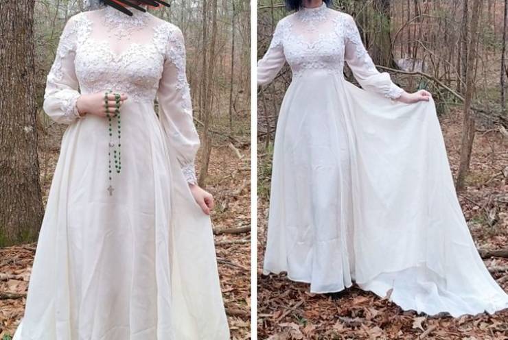 “Here’s my secondhand wedding dress I found at a thrift store a few years back. Not married, just wanted it for pictures, LMAO.”