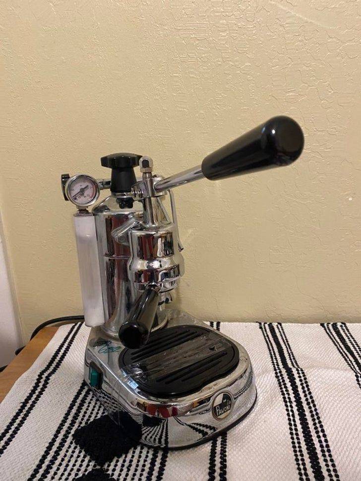 “When the checkout person asked me what this was, I muttered that it was for making coffee and ran away. $1,200 La Pavoni Europiccola espresso maker for $6.50 at Goodwill. My coffee dreams have now been fulfilled.”