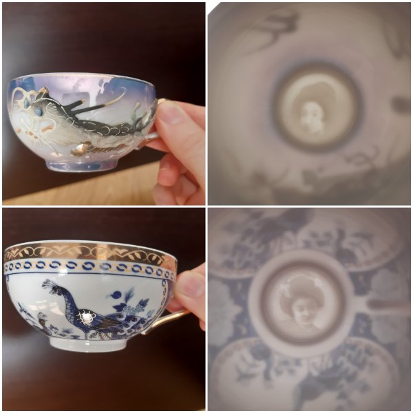 My grandma’s Chinese teacups where you can see a woman’s face when you put them against light (from 2 different sets)