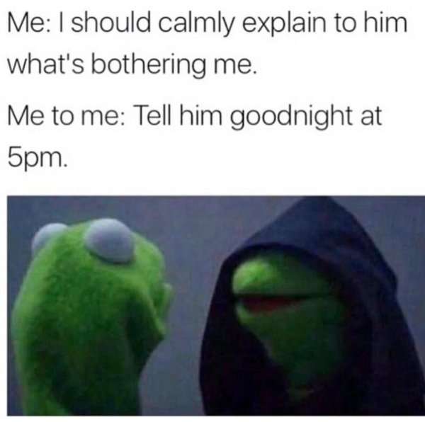 kermit the frog meme if she dies she dies - Me I should calmly explain to him what's bothering me. Me to me Tell him goodnight at 5pm.