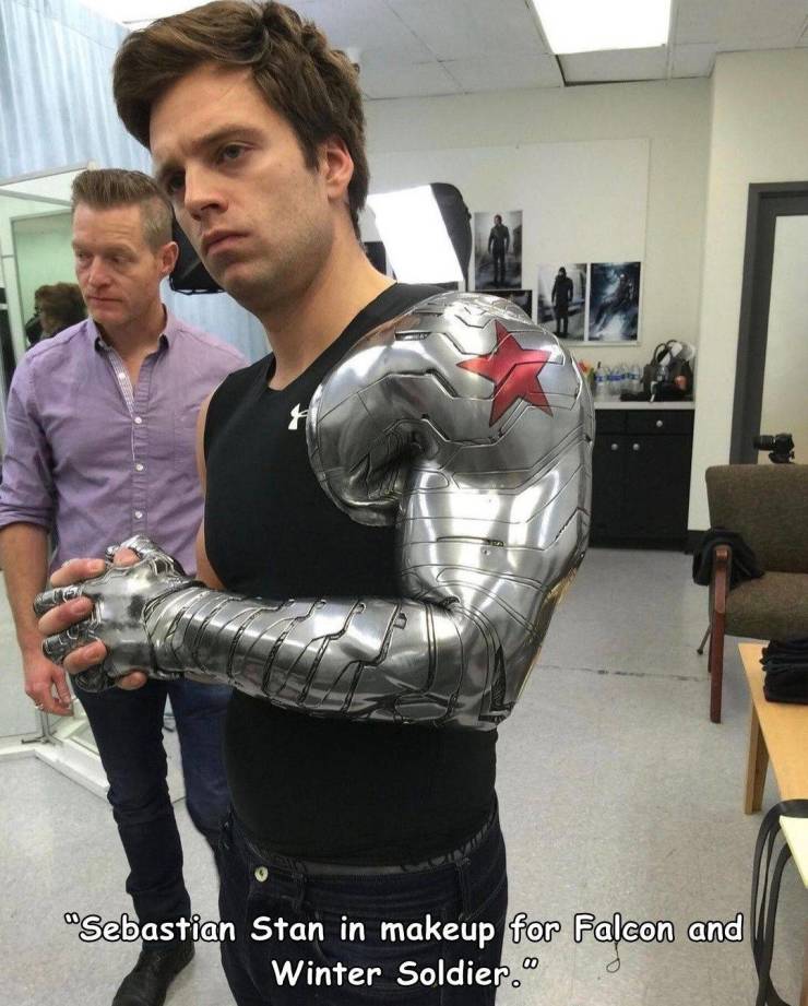 awesome pics - shoulder - "Sebastian Stan in makeup for Falcon and Winter Soldier."
