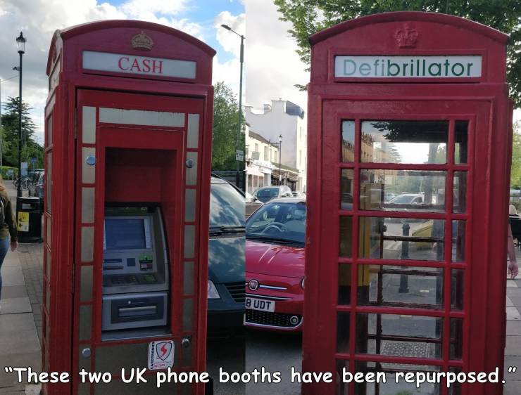telephone booth - Cash Defibrillator Budt 13 "These two Uk phone booths have been repurposed."