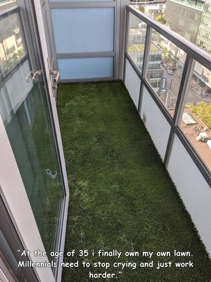 balcony - "At the age of 35 i finally own my own lawn. Millennials need to stop crying and just work harder."