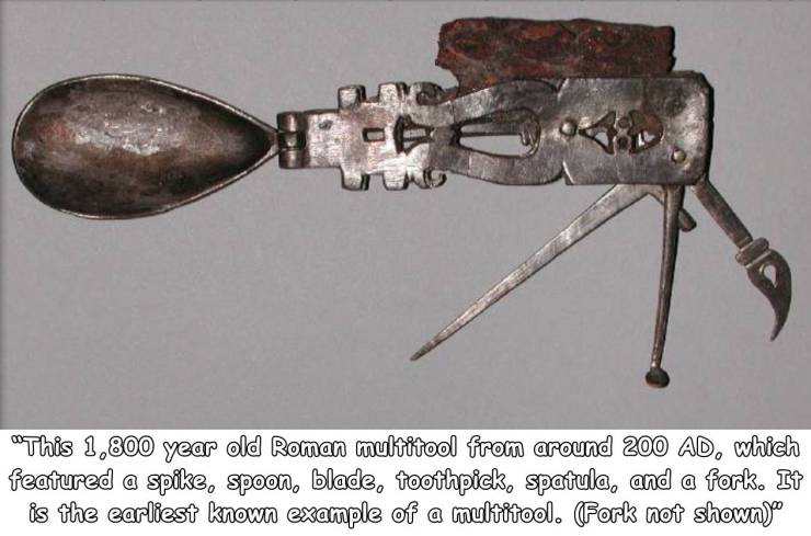 random pics and cool stuff - world's first swiss army knife - "This 1,800 year old Roman multitool from around 200 Ad, which featured a spike, spoon, blade, toothpick, spatula, and a fork. It is the earliest known example of a multitool. Fork not showno