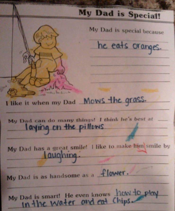 material - My Dad is Special! My Dad is special because he eats oranges. ma I it when my Dad Mows the grass. My Dad can do many things! I think he's best at laying on the pillows My Dad has a great smile! I to make him smile by Taughing flower. My Dad is 