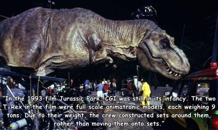 "In the 1993 film Jurassic Park, Cgi was still in its infancy. The two TRex in the film were full scale animatronic models, each weighing 9 tns. Due to their weight, the crew constructed sets around them, rather than moving them onto sets."