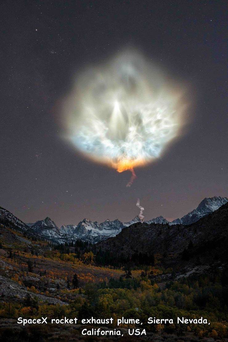 nature award winning best photography - SpaceX rocket exhaust plume, Sierra Nevada, California, Usa