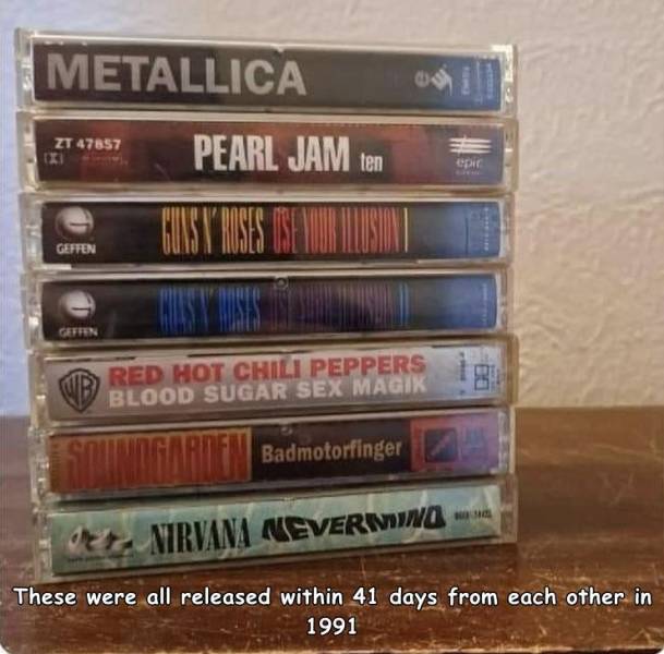 awesome pics to enjoy - these were all released within 44 - Metallica Zt 47857 Pearl Jam ten pir Cuns N' Roses Ose Your Milusioni Geffen Geffen Red Hot Chili Peppers Blood Sugar Sex Magik Taaten Badmotorfinger We Nirvana Neverwwg These were all released w