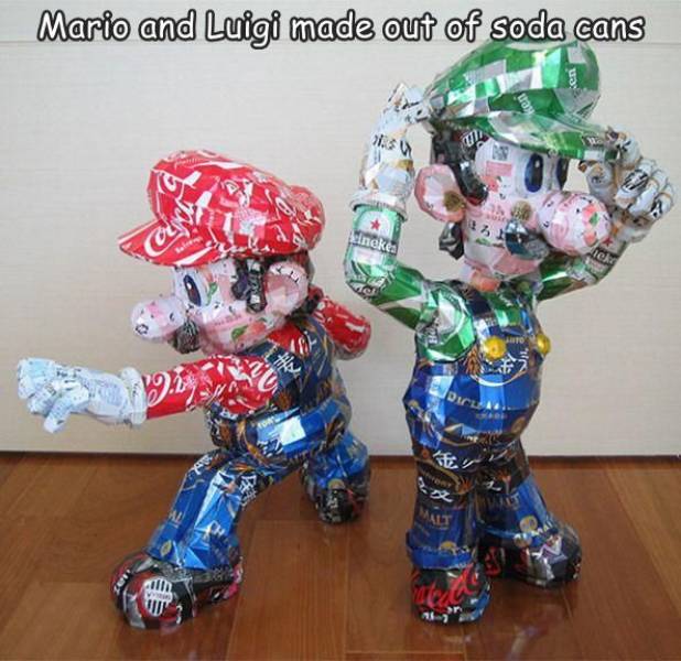 funny cool and random pics - trash turned into art - Mario and Luigi made out of soda cans 1.3 13 Jinekea Cou le 19.2. Dicli 2