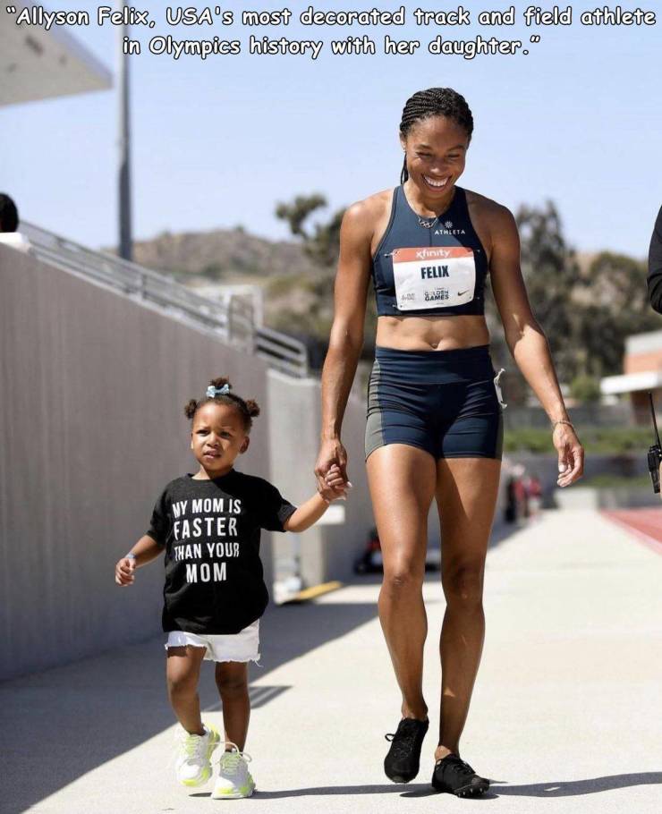 race - "Allyson Felix, Usa's most decorated track and field athlete in Olympics history with her daughter." Athleta Xfinity Felix Games Ny Mom Is Faster Than Your Mom