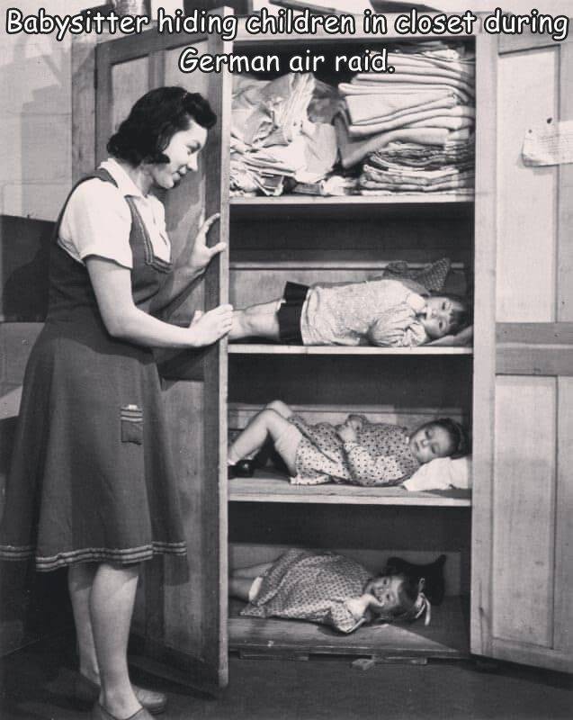Photography - Babysitter hiding children in closet during German air raid.