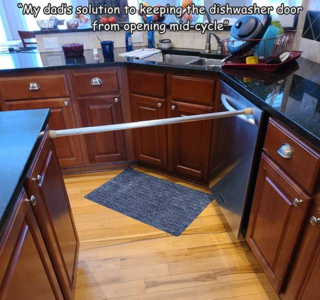 funny pics and random photos - countertop - My dad's solution to keeping the dishwasher door from opening midcycle